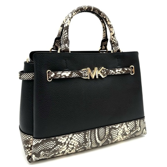Michael Kors Reed Large Leather Belted Satchel Crossbody Bag Black Snakeskin - Picture 5 of 13